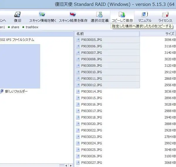 検出したファイルの復旧
