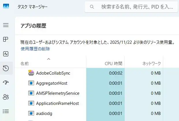 タスクマネージャーのアプリの履歴