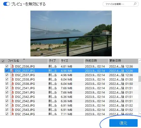 復旧できるデータのプレビュー