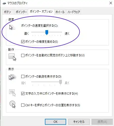 マウスのプロパティのポインターオプション