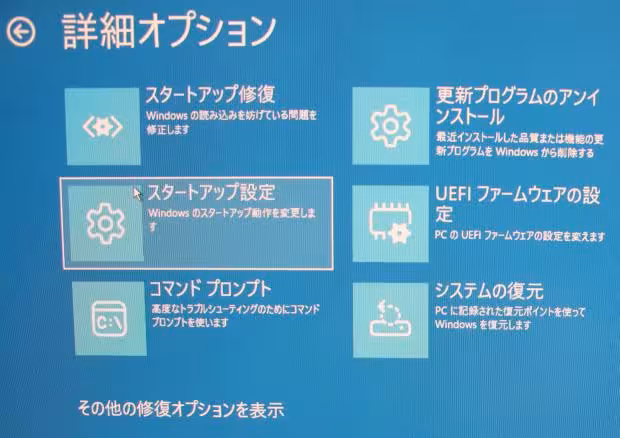 詳細オプション画面のスタートアップ設定