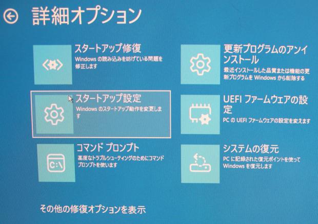 詳細オプション画面のスタートアップ設定